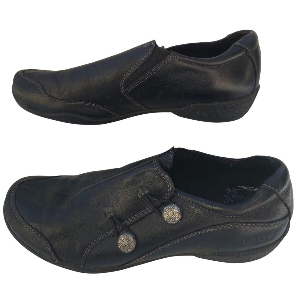 Taos Leather Slip On Shoes Encore 7 Black Decorative Buttons Comfort Loafers